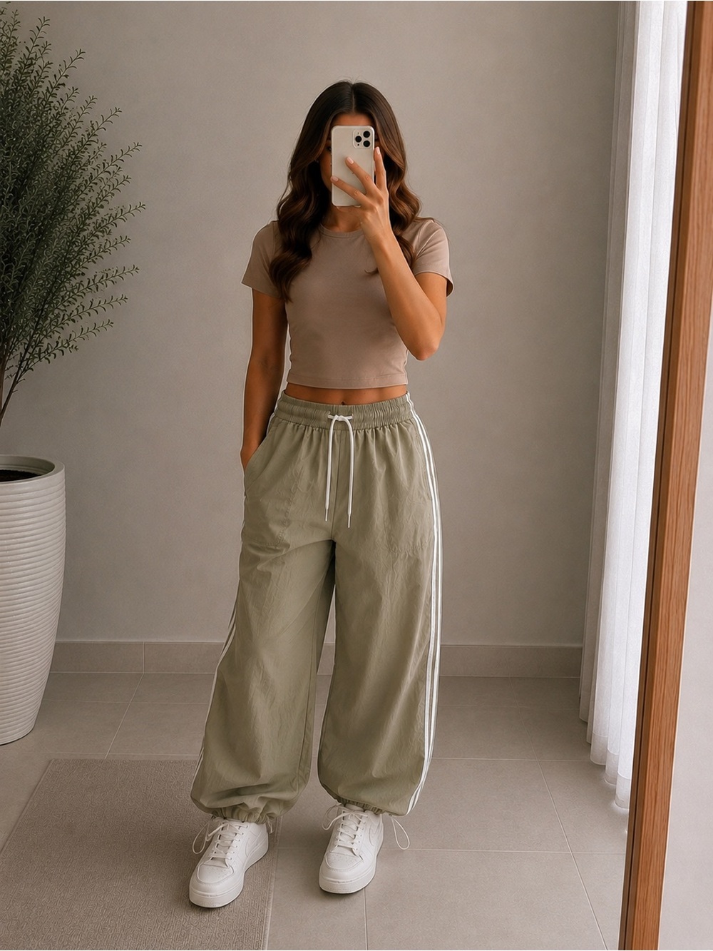 Beige Nylon Parachute Joggers